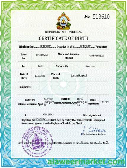 Honduras vital record birth certificate PSD